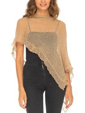 Women's Tan Knit Viscose Poncho Shrug Lightweight Asymmetrical Cover Up Tops